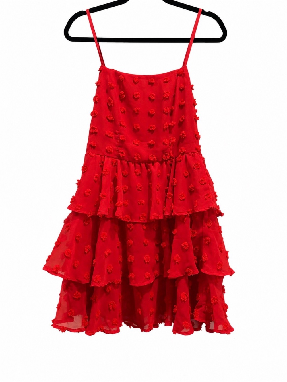 Francesca's Collections Red Tiered Pom-Pom Spaghetti Strap Dress size small EUC